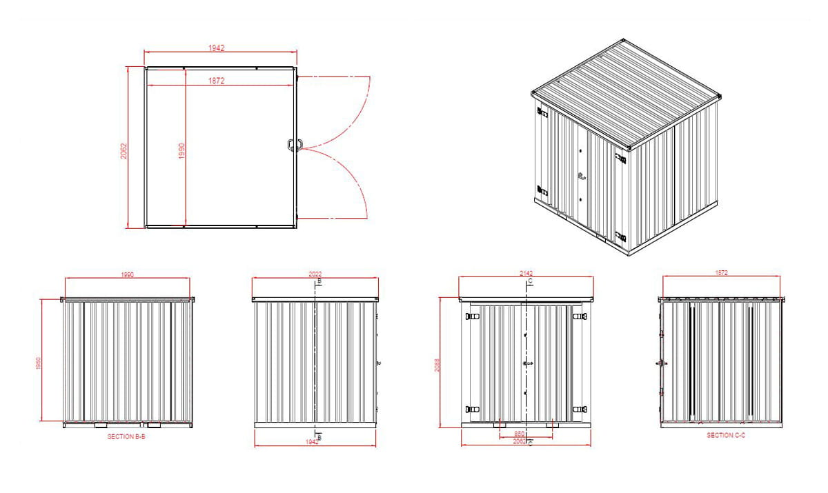 Contenedor de materiales MC2, lacado en RAL 7021 gris negro, Al. 2090 × An. 2142 × Pr. 2022 mm, puerta frontal de dos hojas - Imagen 7