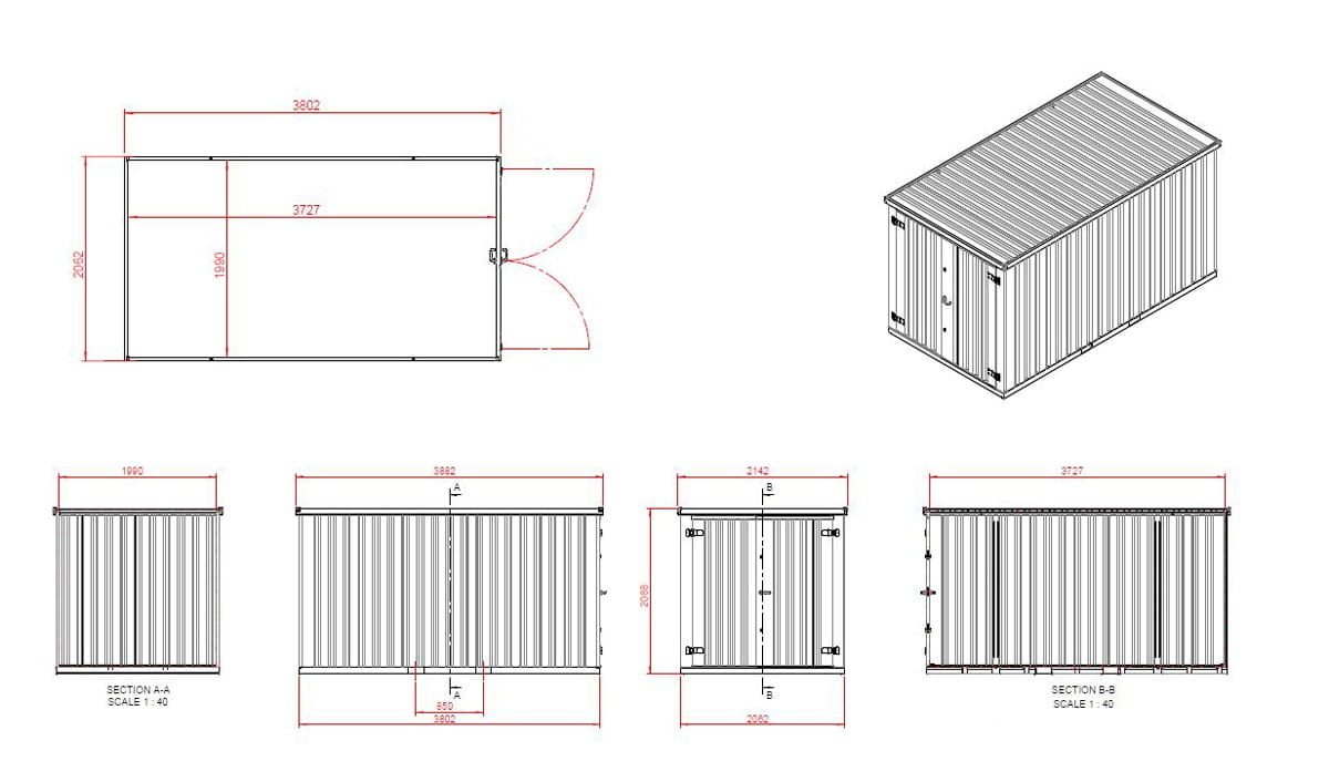 Contenedor de materiales MC4, lacado en RAL 7016 gris antracita, Al. 2090 × An. 2142 × Pr. 3882 mm, puerta frontal de dos hojas - Imagen 9