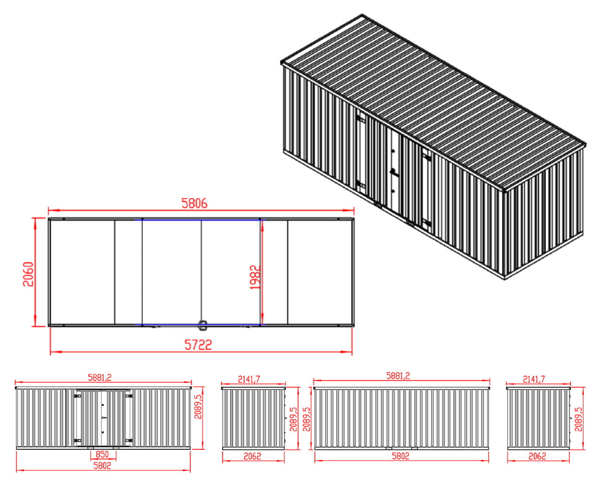 Contenedor de materiales MC6, lacado en RAL 7016 gris antracita, Al. 2090 × An. 2142 × Pr. 5882 mm, puerta lateral de dos hojas - Imagen 9