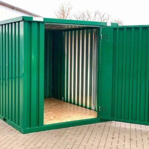 Contenedor de materiales MC3, lacado en RAL 6005 verde musgo, Al. 2090 × An. 2142 × Pr. 2950 mm, puerta frontal de una hoja
