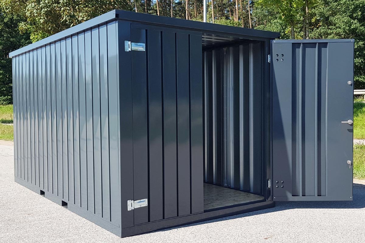 Contenedor de materiales MC4, lacado en RAL 7016 gris antracita, Al. 2090 × An. 2142 × Pr. 3882 mm, puerta frontal de dos hojas