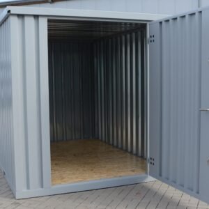 Contenedor de materiales MC4, lacado en RAL 7040 gris ventana, Al. 2090 × An. 2142 × Pr. 3882 mm, puerta frontal de una hoja