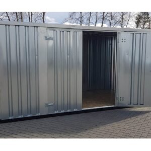 Contenedor de materiales MC4, galvanizado, Al. 2090 × An. 2142 × Pr. 3882 mm, puerta lateral de dos hojas
