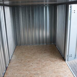 Contenedor de materiales MC4, galvanizado, Al. 2090 × An. 2142 × Pr. 3882 mm, puerta lateral de dos hojas