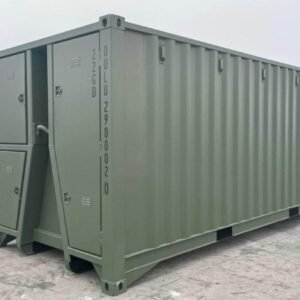 Contenedor marítimo 30 pies – Puertas laterales + puertas estándar – Color verde militar – Con ruedas de transporte